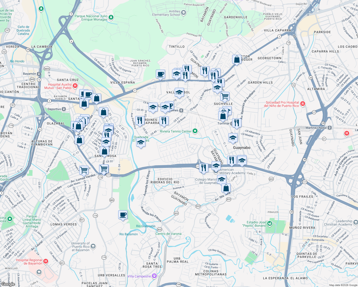 map of restaurants, bars, coffee shops, grocery stores, and more near in Bayamón