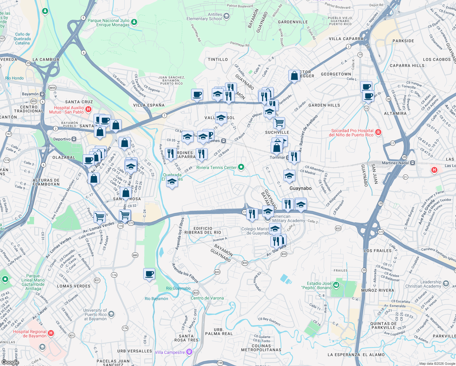 map of restaurants, bars, coffee shops, grocery stores, and more near in Bayamón