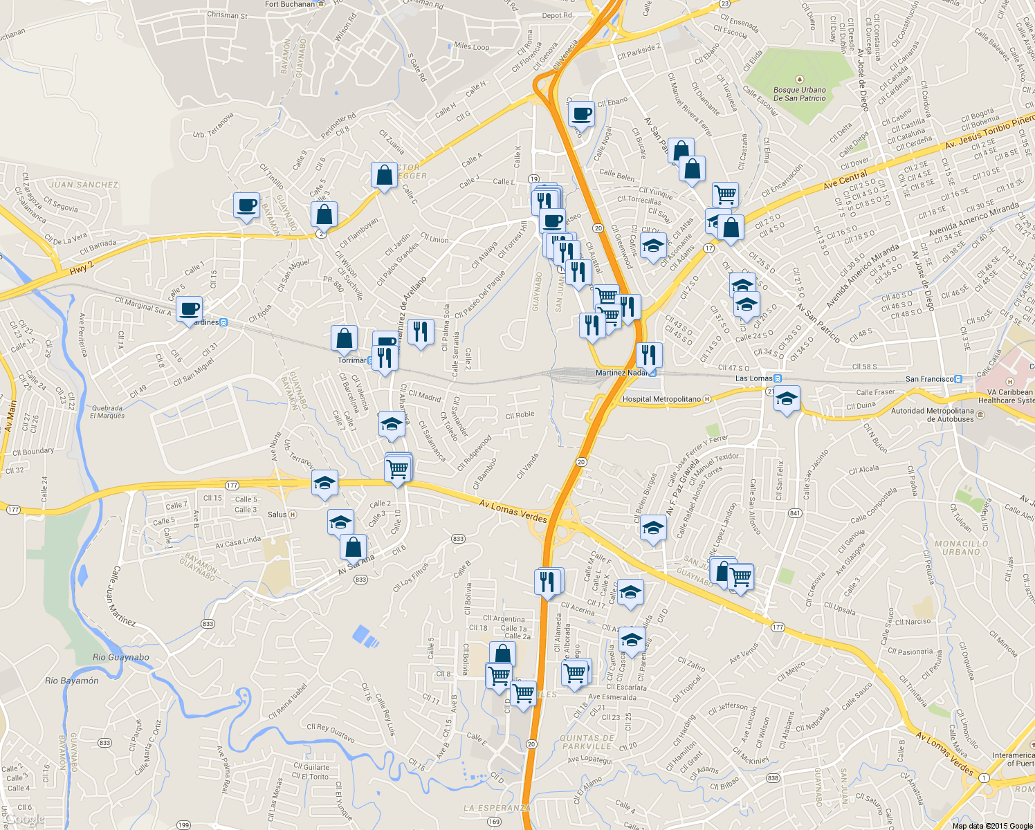 map of restaurants, bars, coffee shops, grocery stores, and more near Cll Roble in Guaynabo