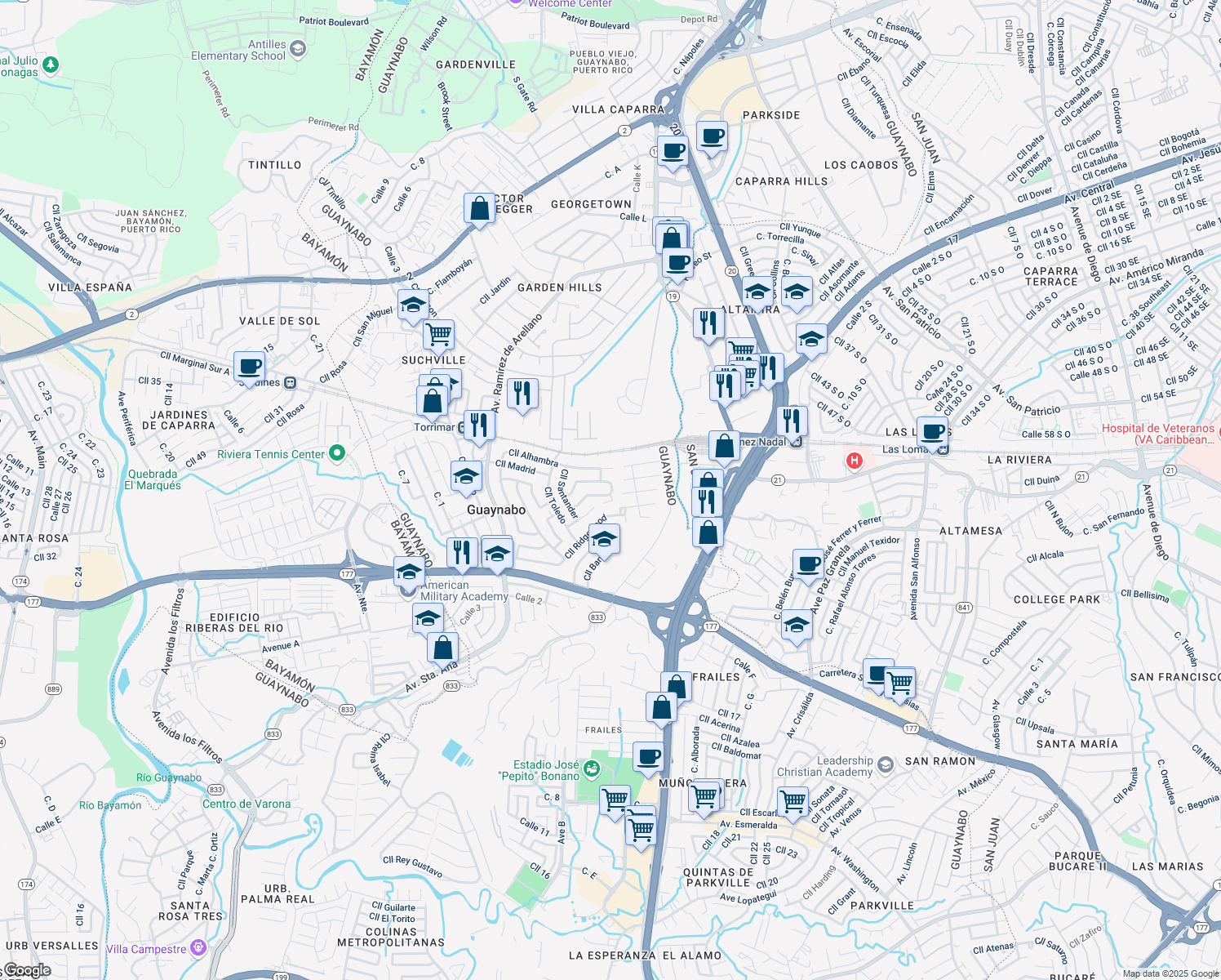 map of restaurants, bars, coffee shops, grocery stores, and more near Cll Roble in Guaynabo