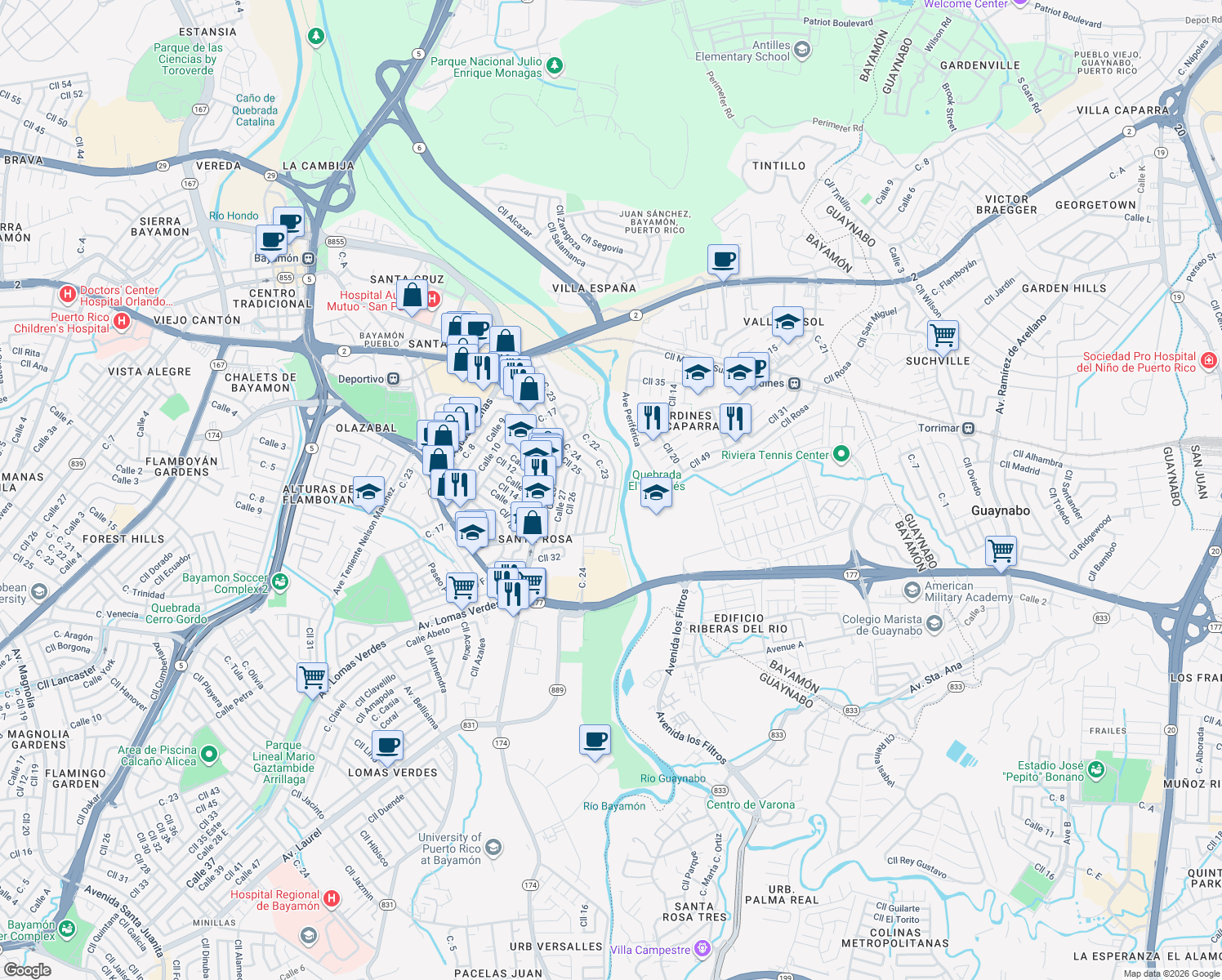 map of restaurants, bars, coffee shops, grocery stores, and more near 37 Calle 22 in Bayamón