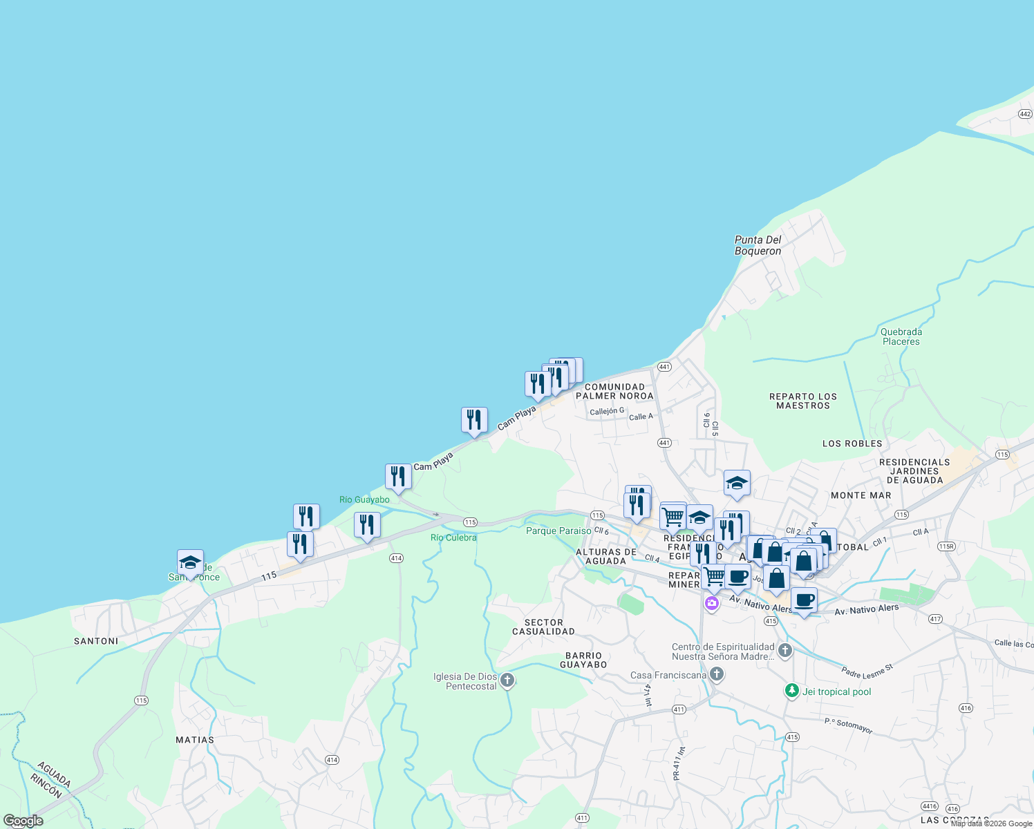 map of restaurants, bars, coffee shops, grocery stores, and more near Cam Playa in Aguada