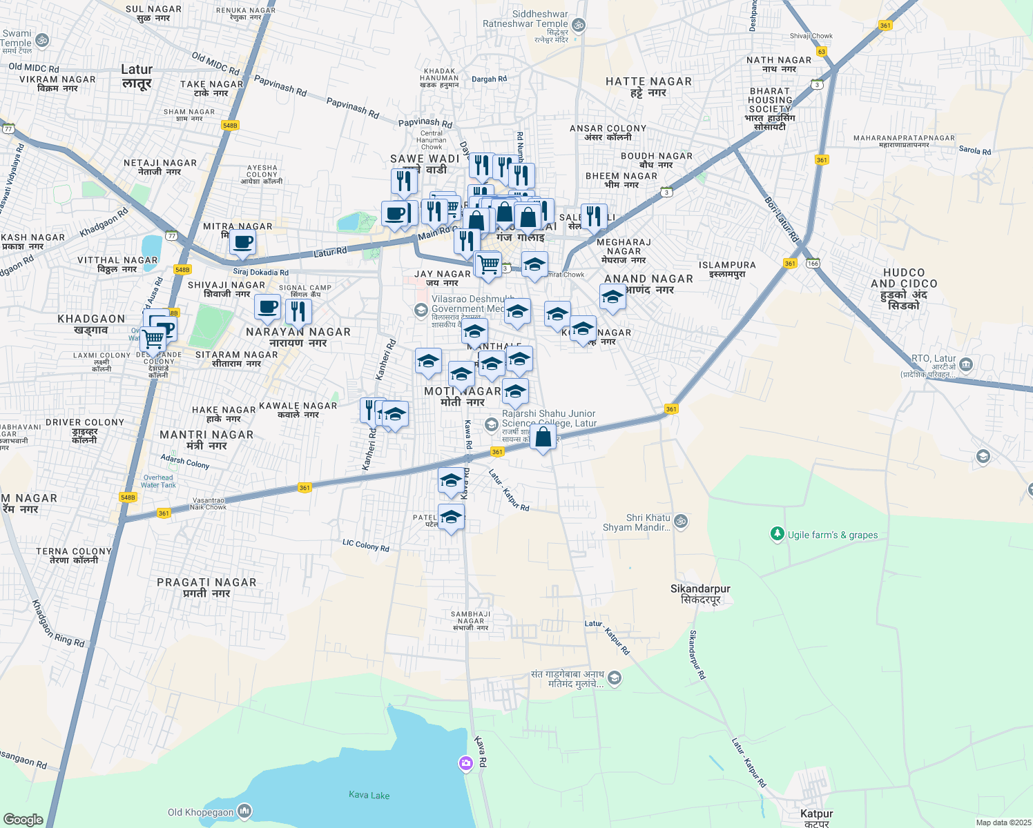 map of restaurants, bars, coffee shops, grocery stores, and more near Nanded Ring Road in Latur