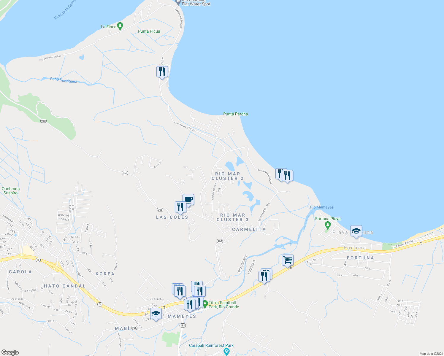 map of restaurants, bars, coffee shops, grocery stores, and more near Calle Palmer in Río Grande
