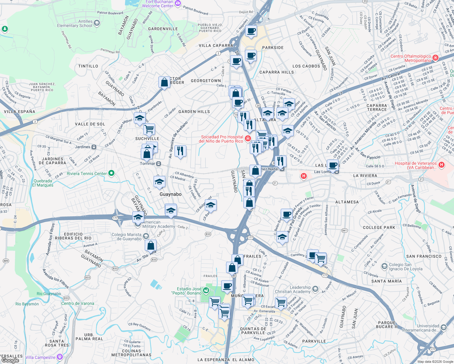 map of restaurants, bars, coffee shops, grocery stores, and more near Calle Calistemon in Guaynabo
