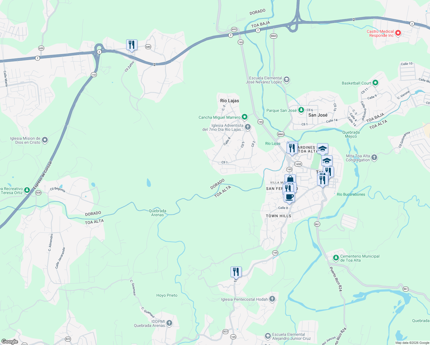 map of restaurants, bars, coffee shops, grocery stores, and more near in Río Lajas