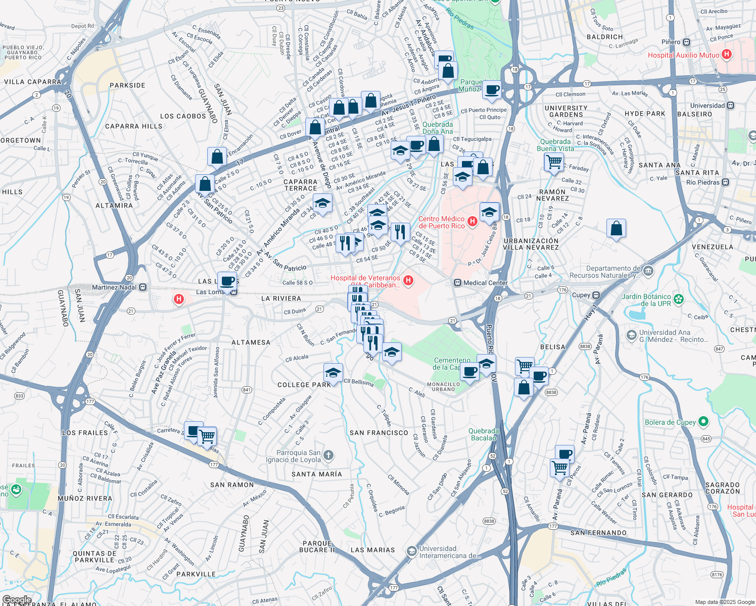 map of restaurants, bars, coffee shops, grocery stores, and more near Highway 21 in San Juan