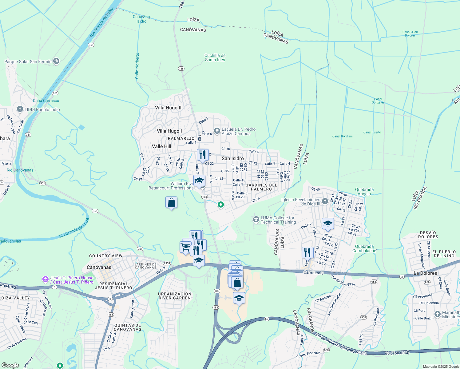 map of restaurants, bars, coffee shops, grocery stores, and more near Calle 19 in Canóvanas