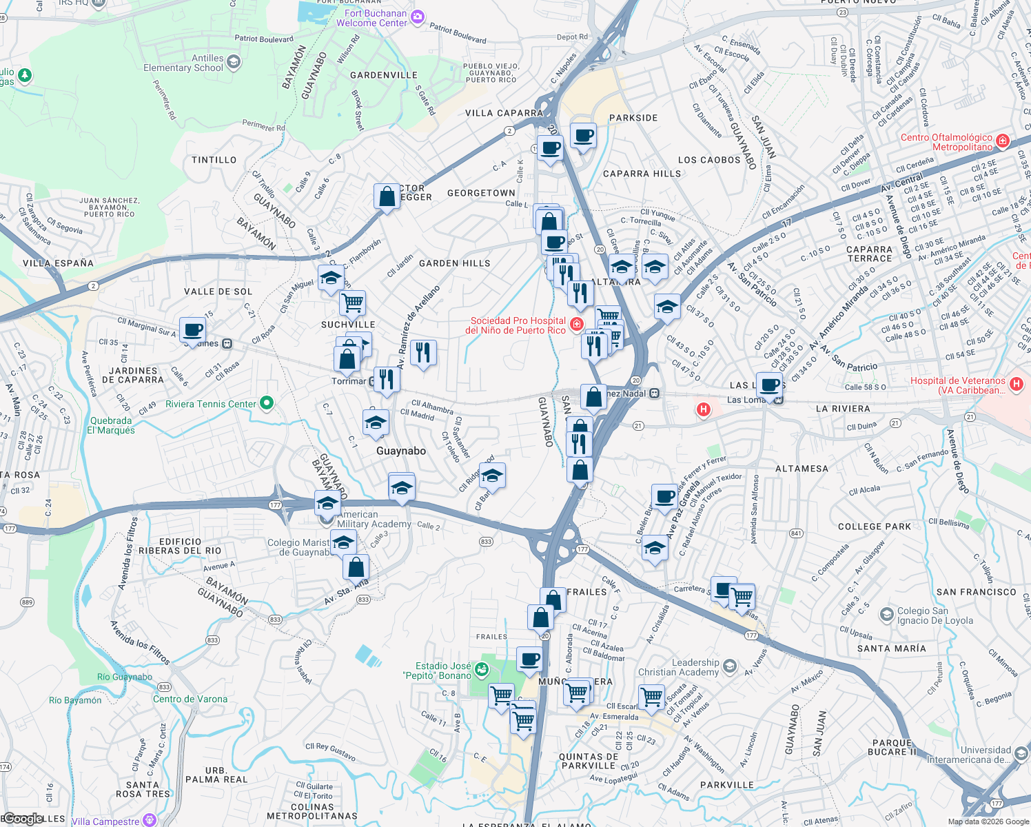 map of restaurants, bars, coffee shops, grocery stores, and more near Calle Calistemon in Guaynabo