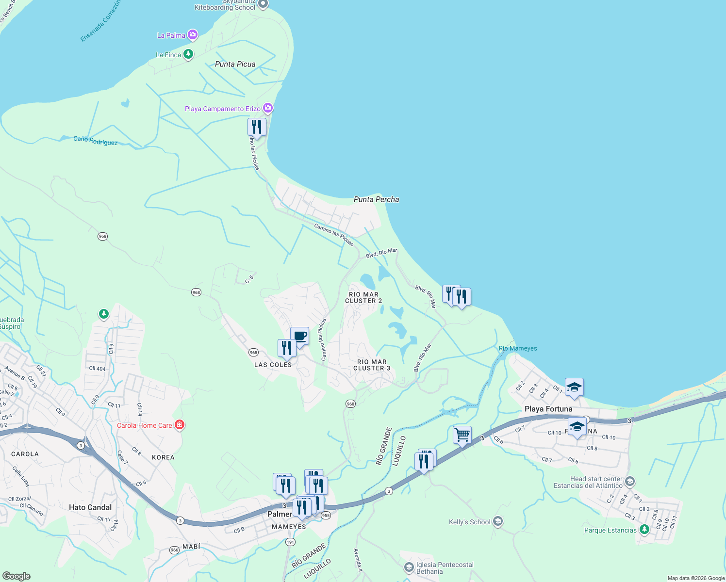 map of restaurants, bars, coffee shops, grocery stores, and more near in Río Grande