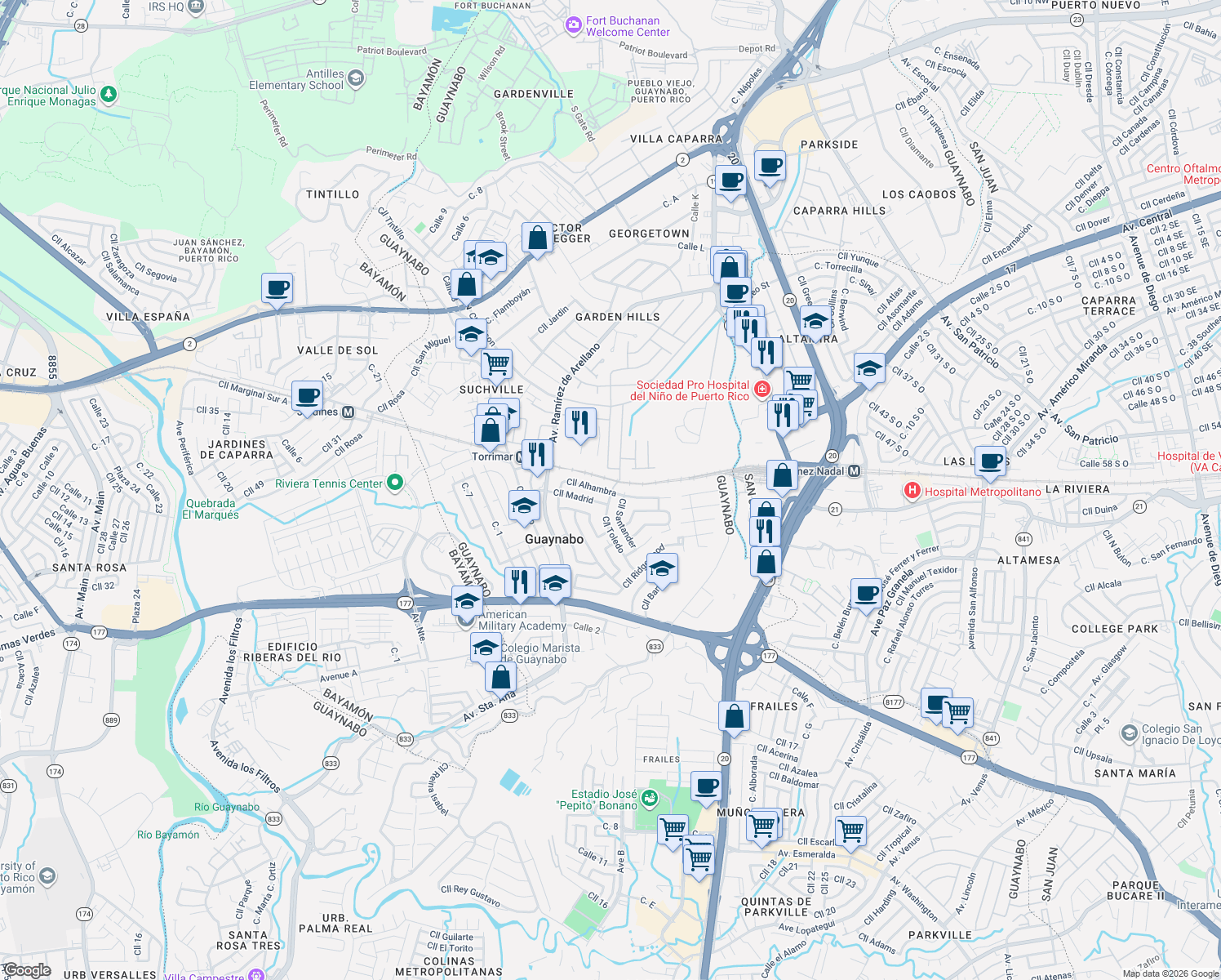 map of restaurants, bars, coffee shops, grocery stores, and more near 100-198 Calle Alhambra in Guaynabo