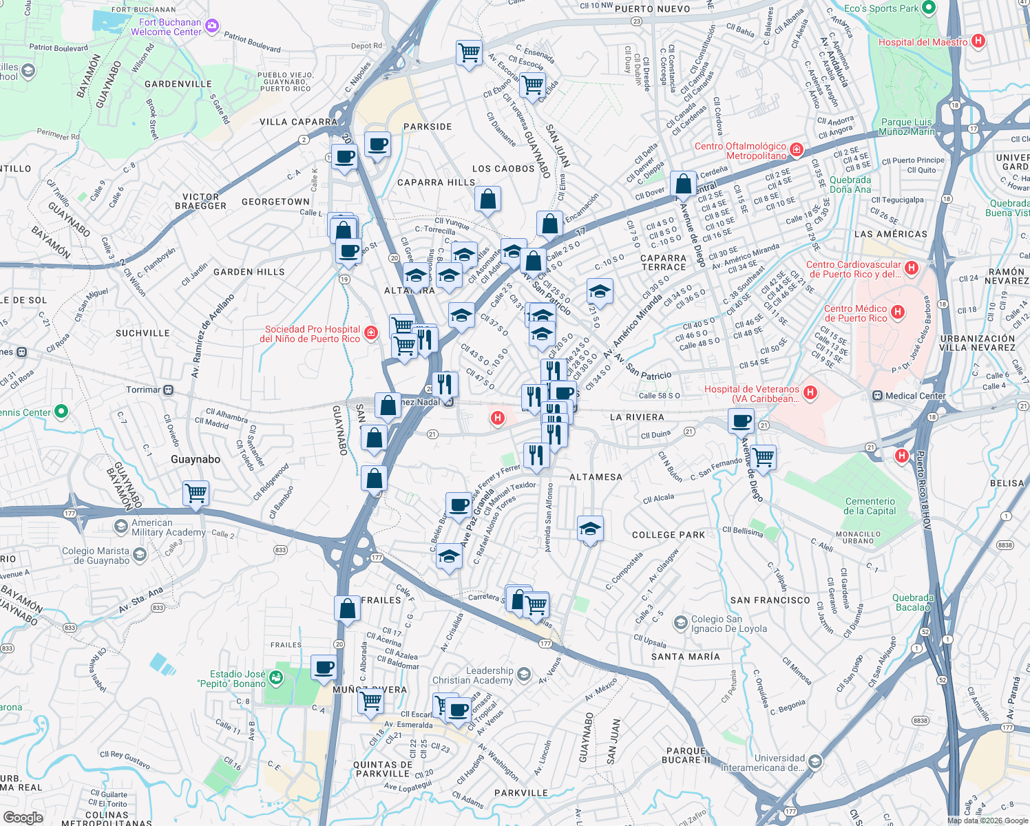 map of restaurants, bars, coffee shops, grocery stores, and more near in San Juan
