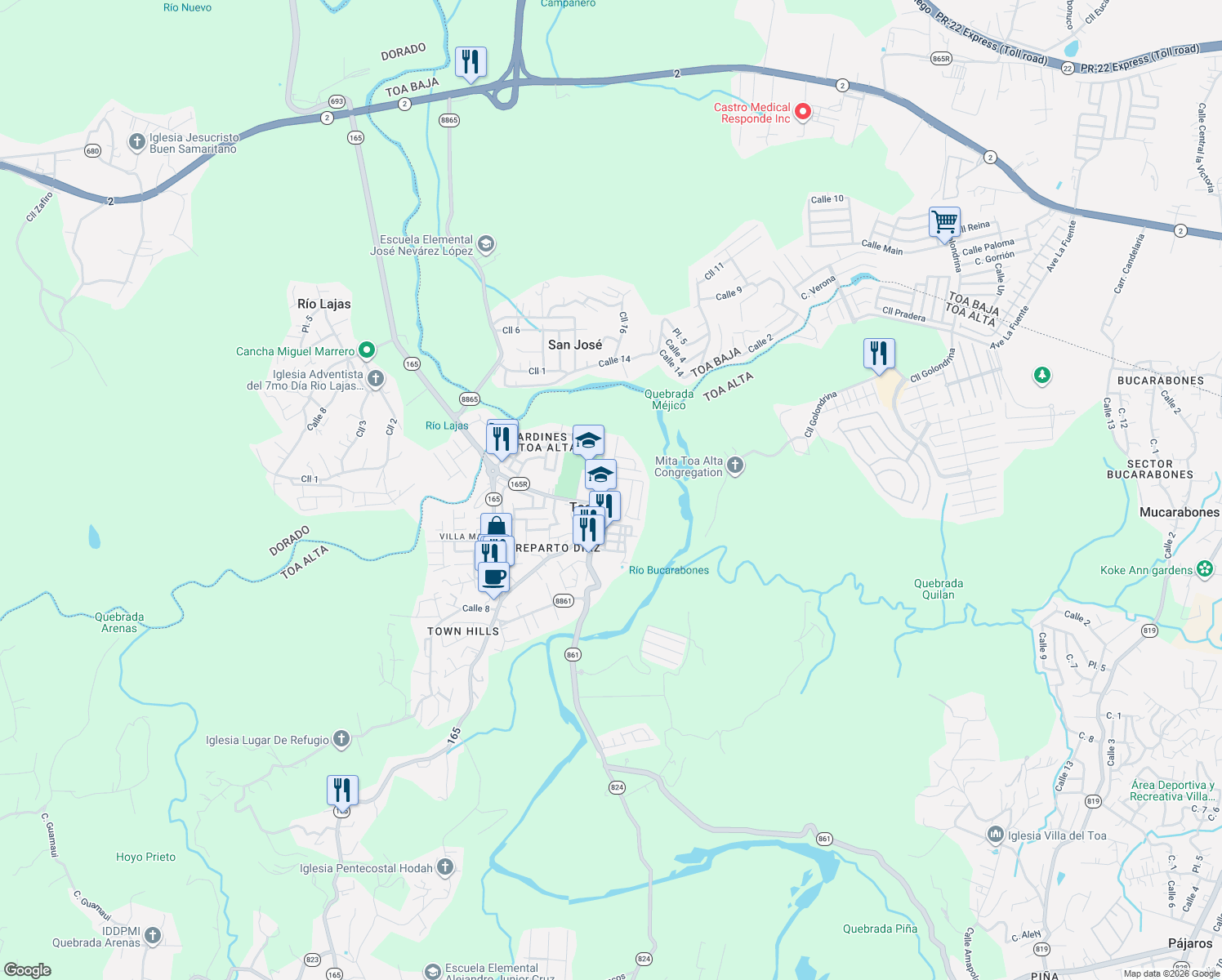 map of restaurants, bars, coffee shops, grocery stores, and more near in Toa Alta