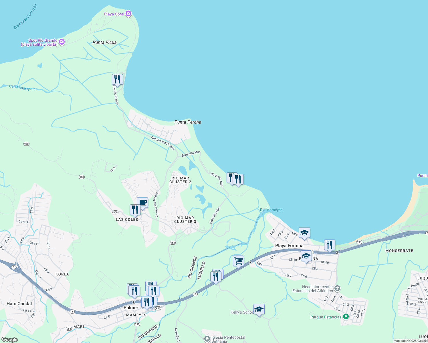 map of restaurants, bars, coffee shops, grocery stores, and more near 6000 Boulevard Río Mar in Río Grande