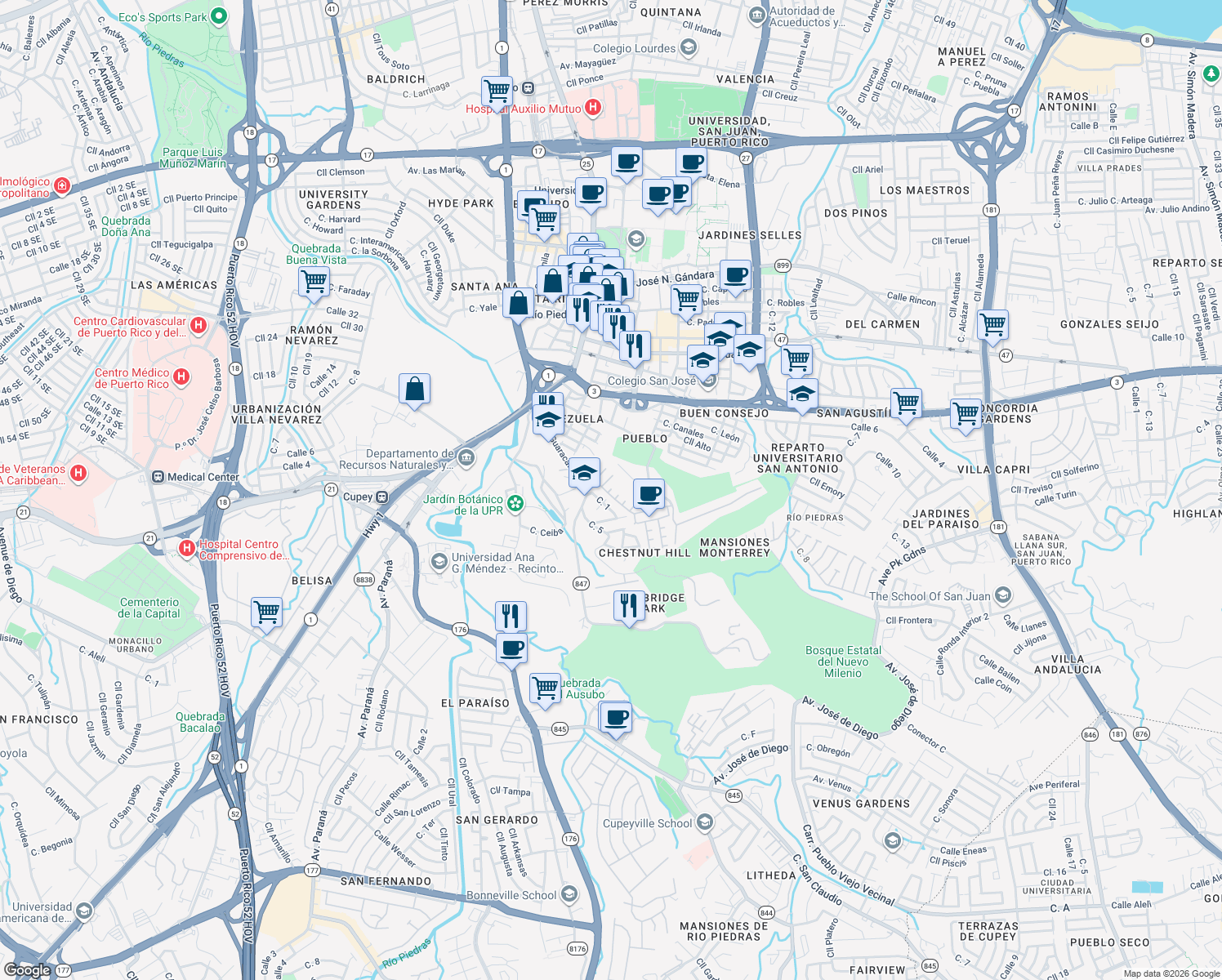 map of restaurants, bars, coffee shops, grocery stores, and more near A26 Plaza 10 in San Juan