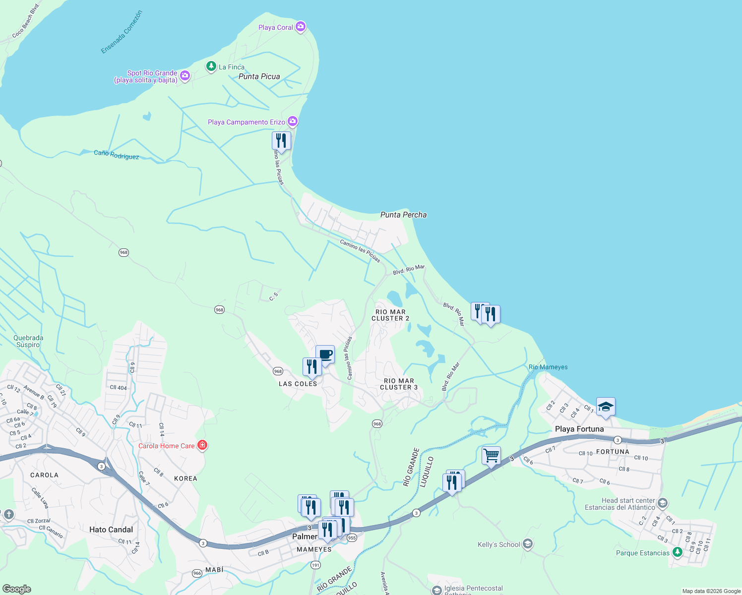 map of restaurants, bars, coffee shops, grocery stores, and more near Calle Las Colinas in Rio Grande