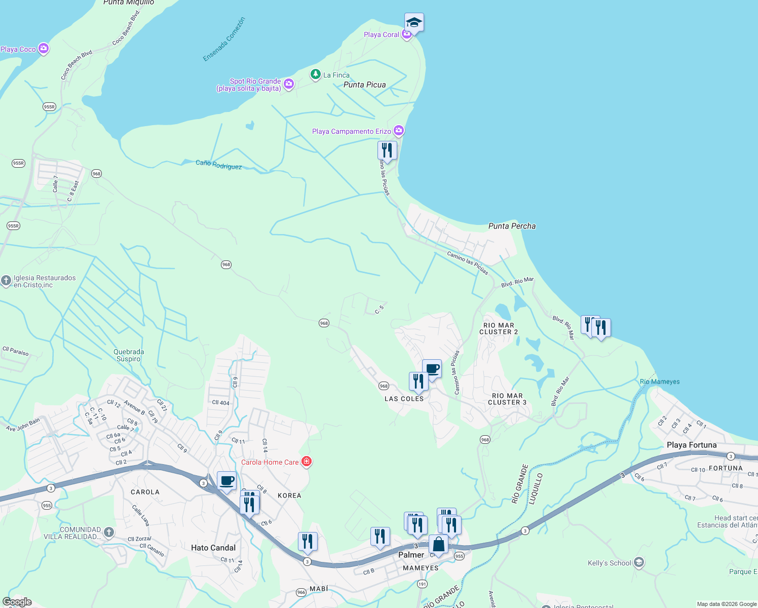 map of restaurants, bars, coffee shops, grocery stores, and more near Calle Principal in Río Grande