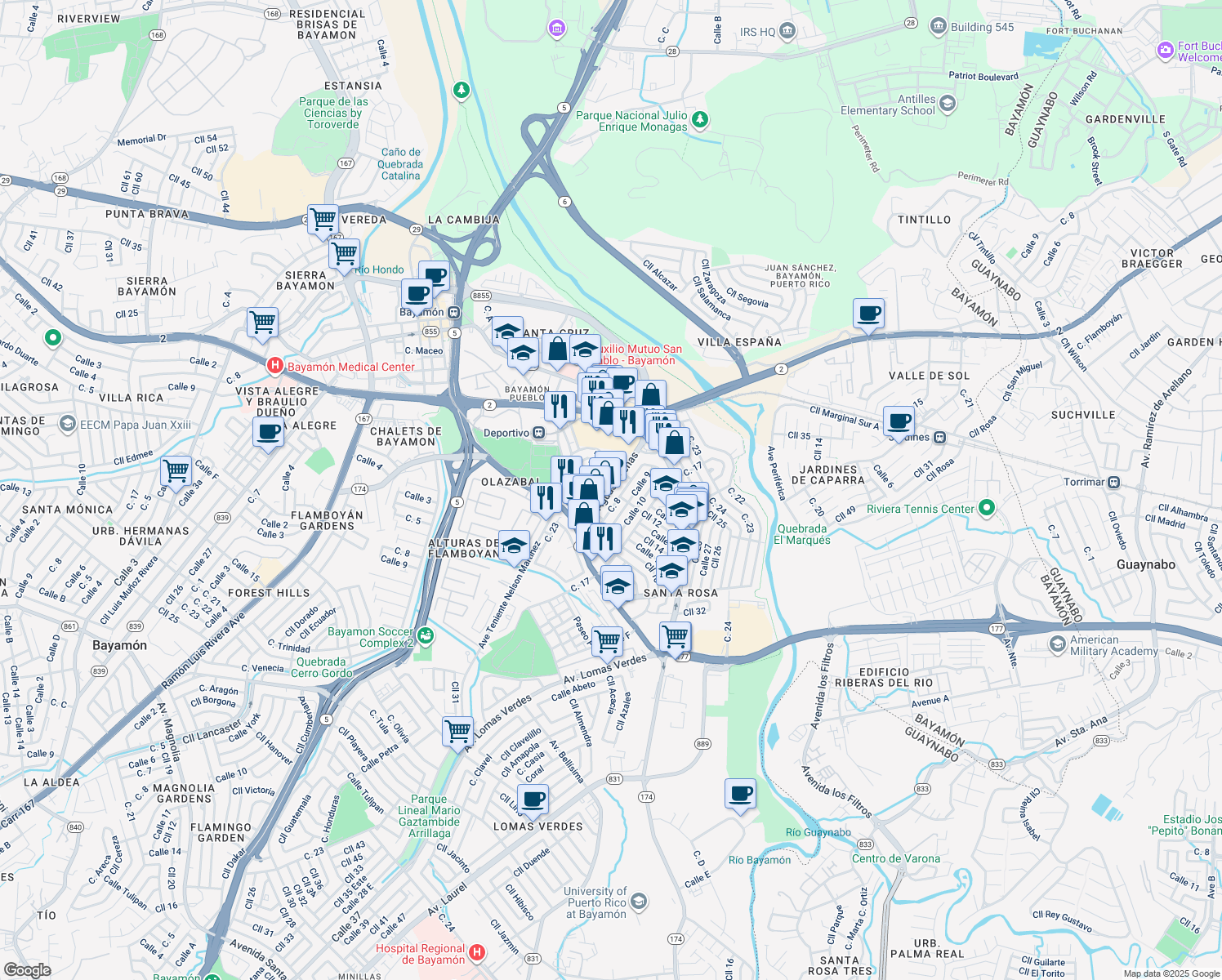 map of restaurants, bars, coffee shops, grocery stores, and more near Avenida Aguas Buenas in Bayamón