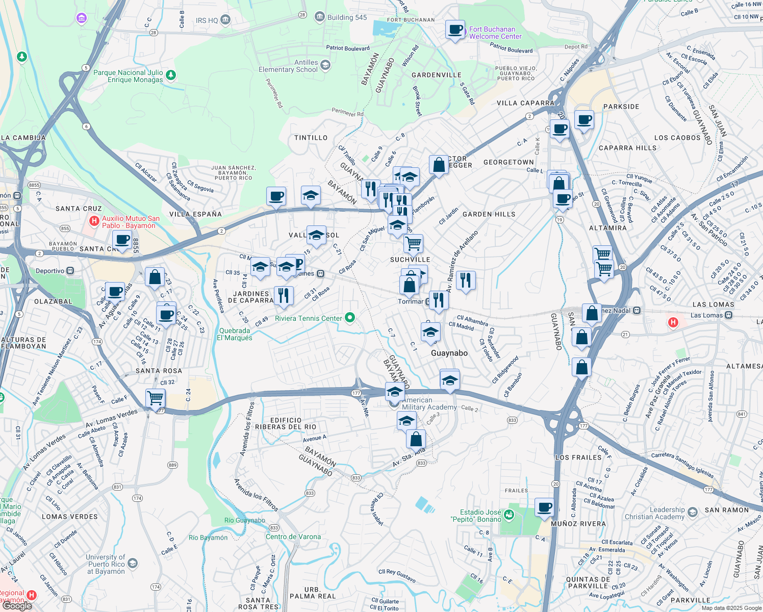 map of restaurants, bars, coffee shops, grocery stores, and more near in Guaynabo