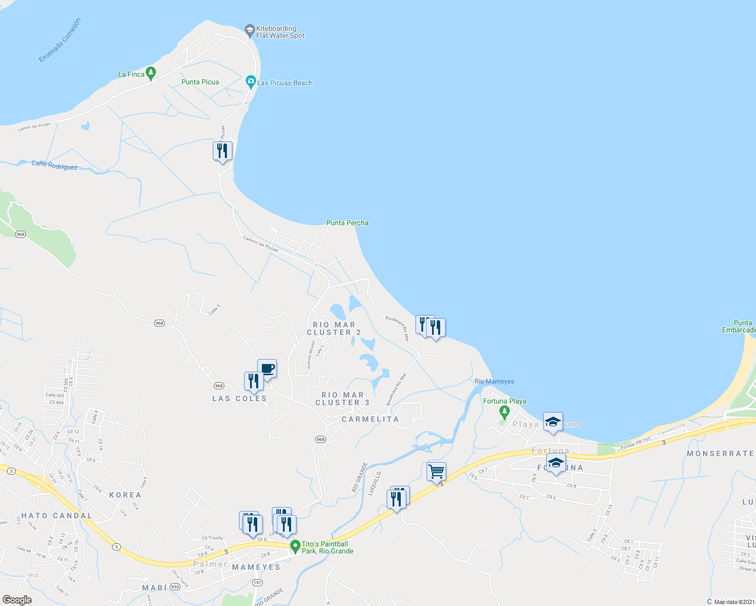 map of restaurants, bars, coffee shops, grocery stores, and more near 6000 Blvd Rio Mar in Río Grande