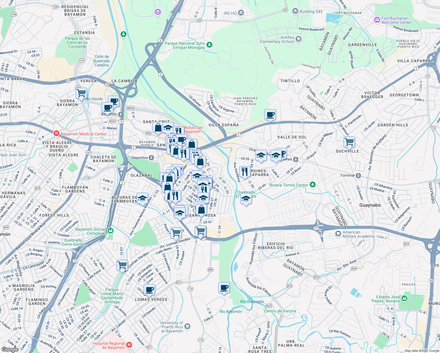 map of restaurants, bars, coffee shops, grocery stores, and more near 48 Calle 22 in Bayamón