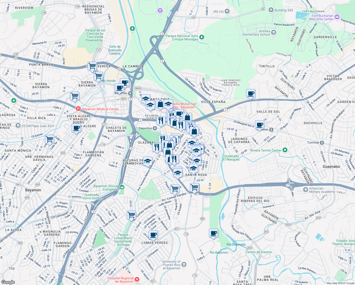 map of restaurants, bars, coffee shops, grocery stores, and more near Avenida Aguas Buenas in Bayamón
