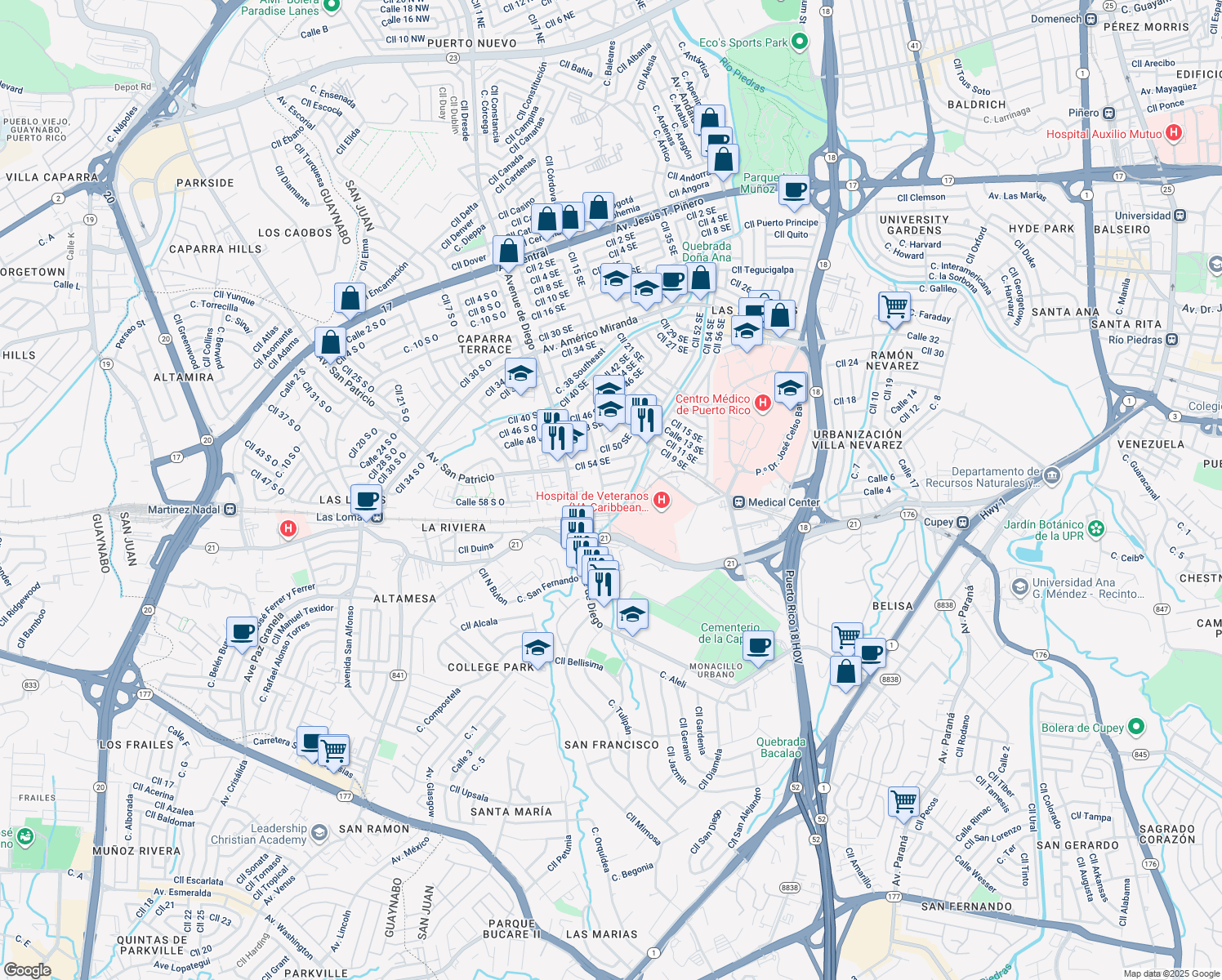 map of restaurants, bars, coffee shops, grocery stores, and more near in San Juan