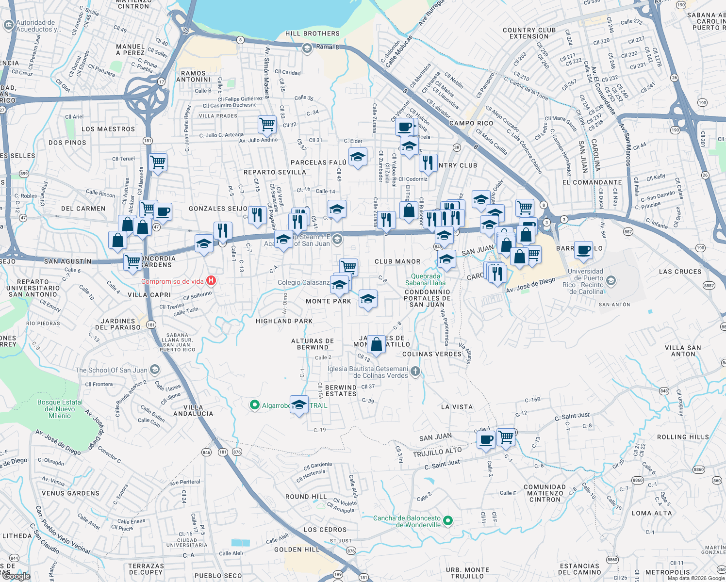 map of restaurants, bars, coffee shops, grocery stores, and more near Calle 3 in Carolina