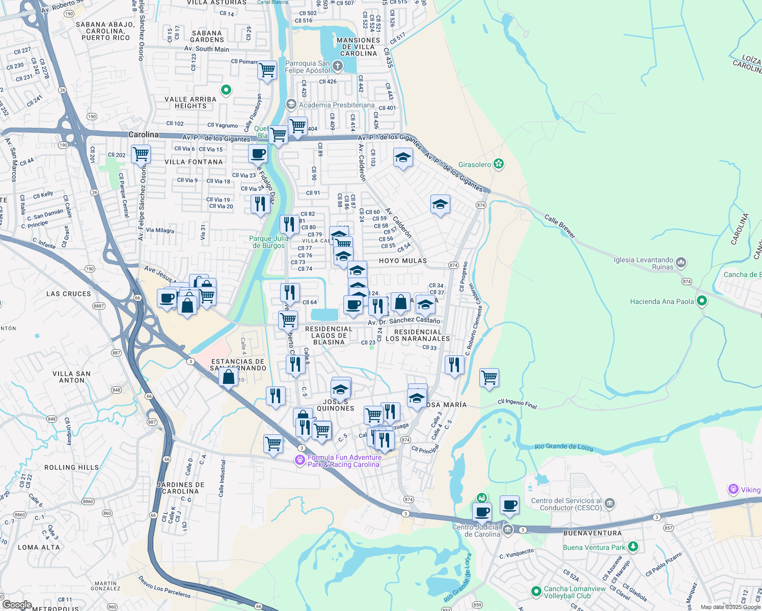 map of restaurants, bars, coffee shops, grocery stores, and more near in Carolina