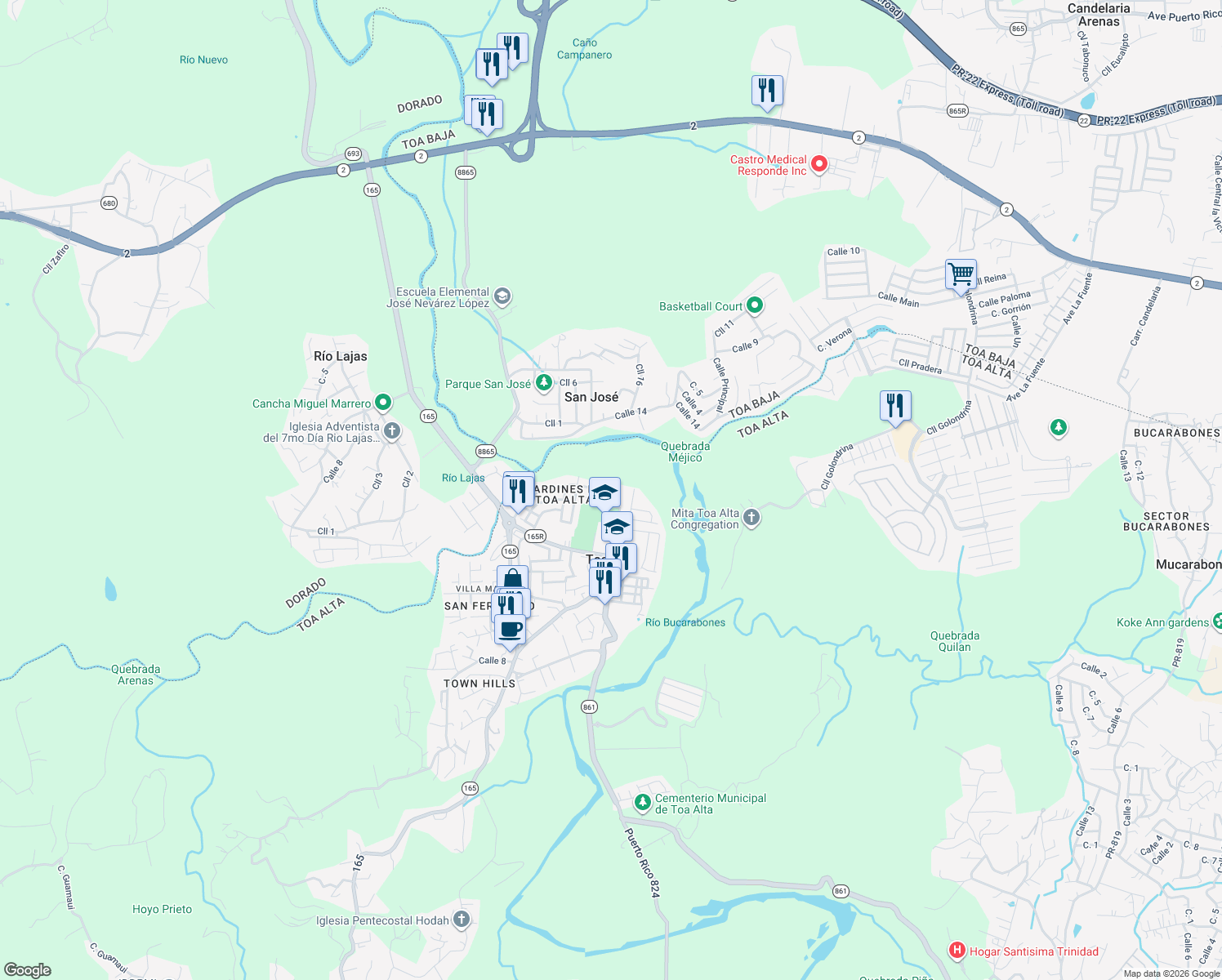 map of restaurants, bars, coffee shops, grocery stores, and more near 142 Calle 1 in Toa Alta