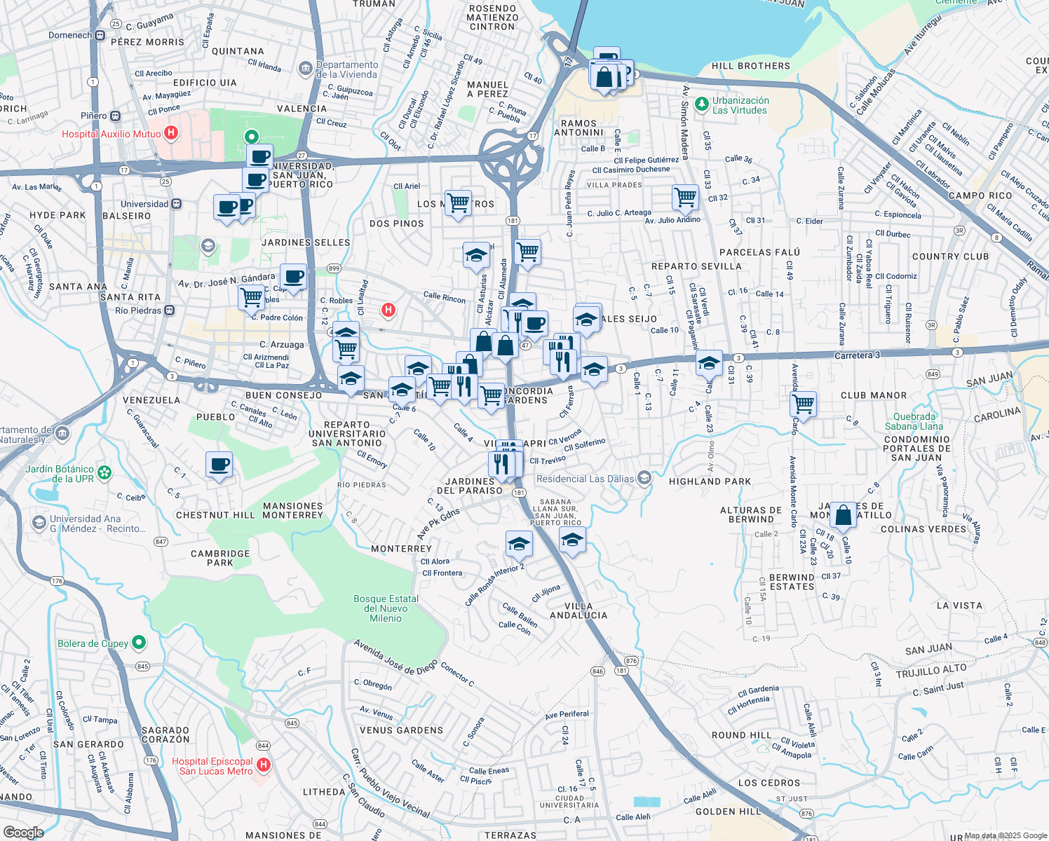 map of restaurants, bars, coffee shops, grocery stores, and more near in San Juan