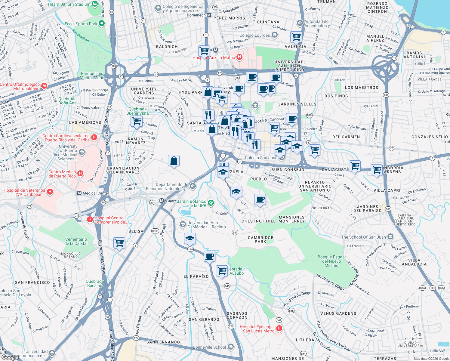 map of restaurants, bars, coffee shops, grocery stores, and more near 27-31 Calle Guaralcanal in San Juan