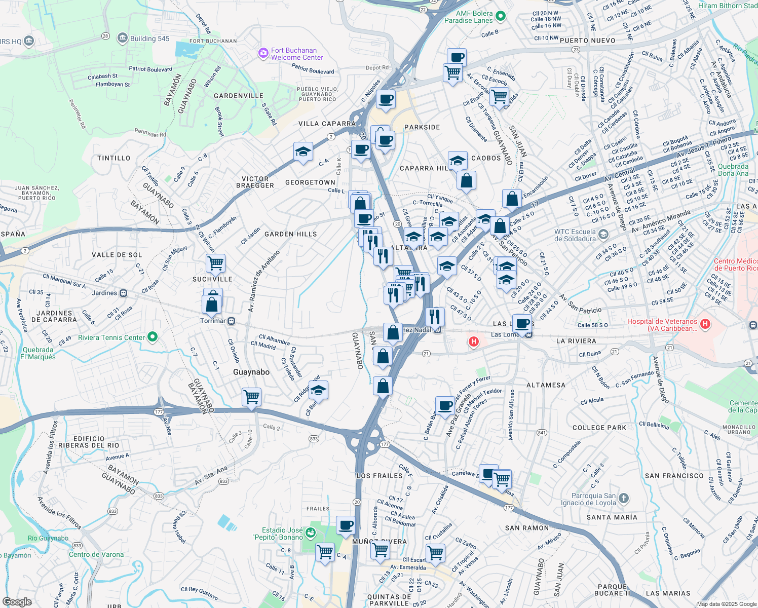 map of restaurants, bars, coffee shops, grocery stores, and more near in San Juan