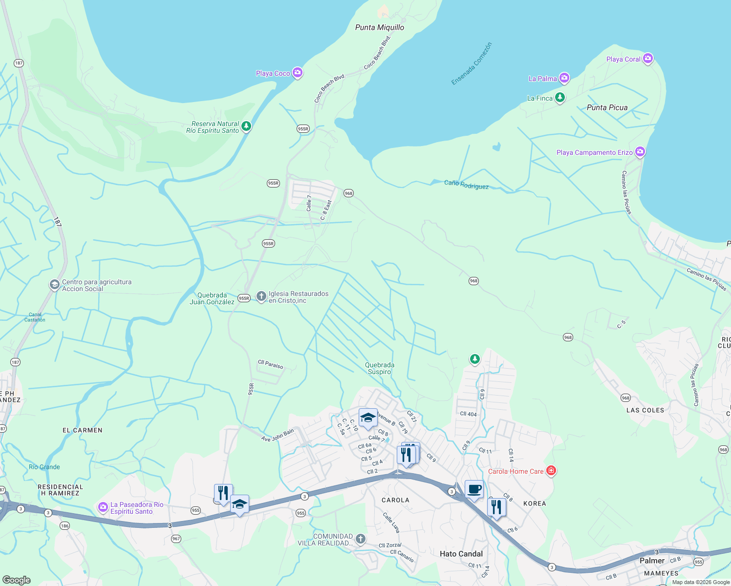 map of restaurants, bars, coffee shops, grocery stores, and more near in Río Grande