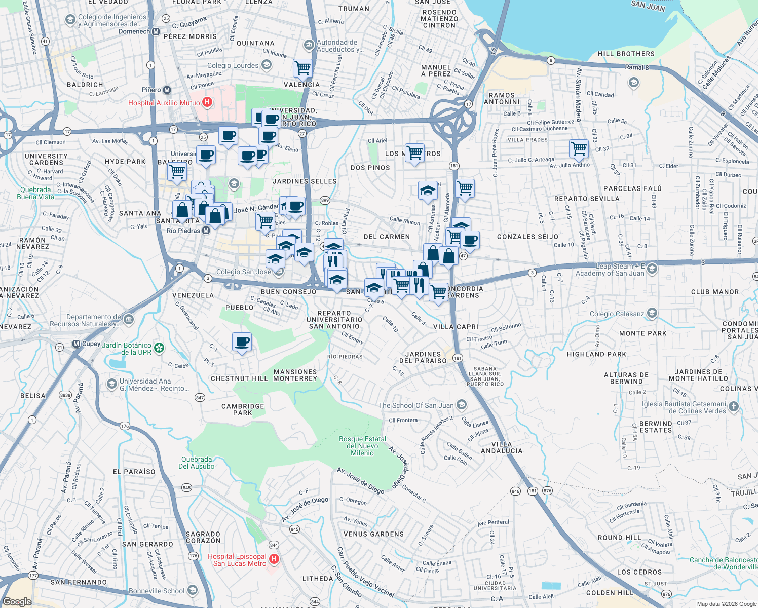map of restaurants, bars, coffee shops, grocery stores, and more near in San Juan