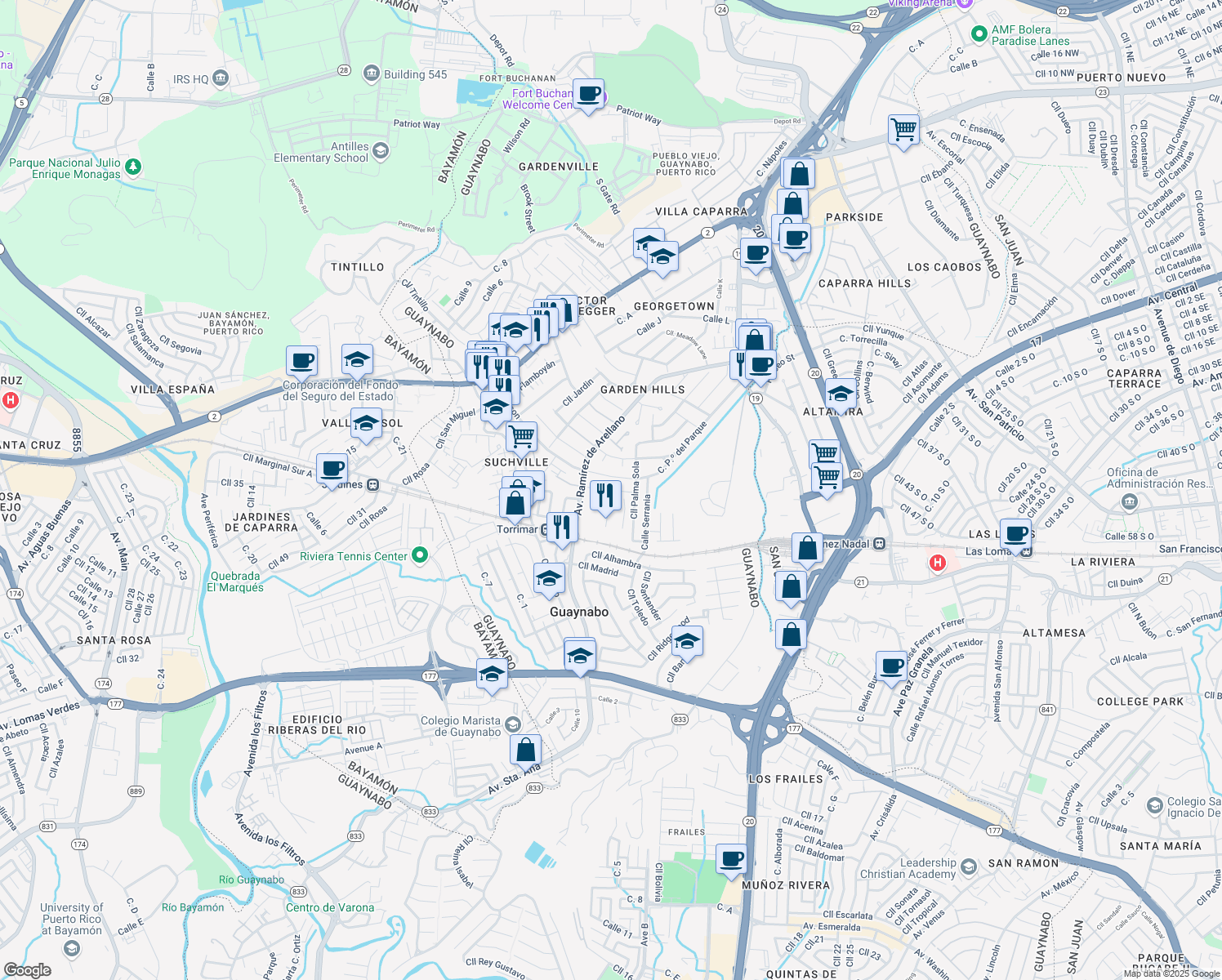 map of restaurants, bars, coffee shops, grocery stores, and more near 9 Calle Palma Sola in Guaynabo