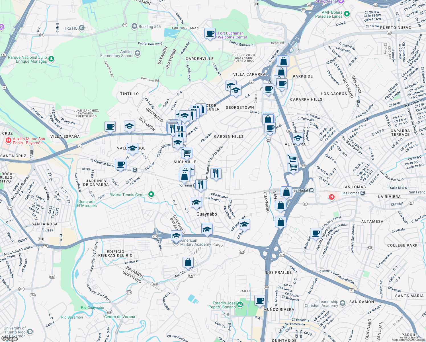 map of restaurants, bars, coffee shops, grocery stores, and more near Calle Miramonte in Guaynabo