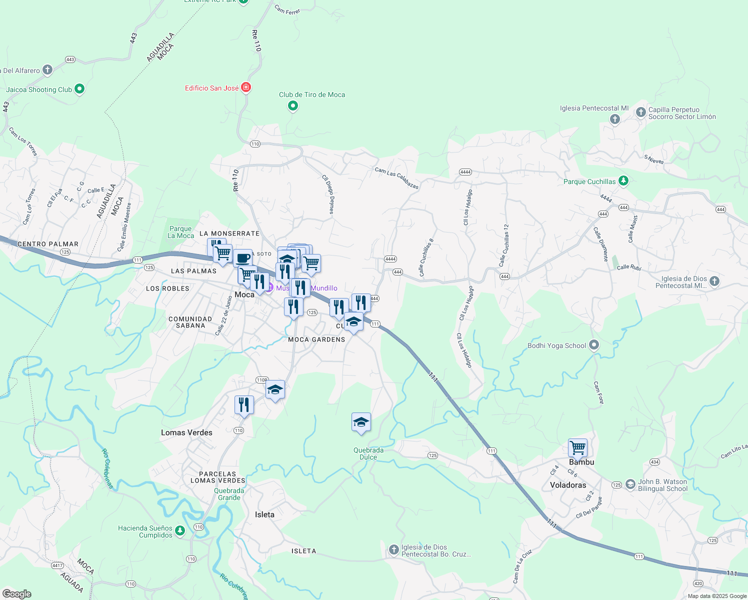 map of restaurants, bars, coffee shops, grocery stores, and more near Puerto Rico 444 in Moca