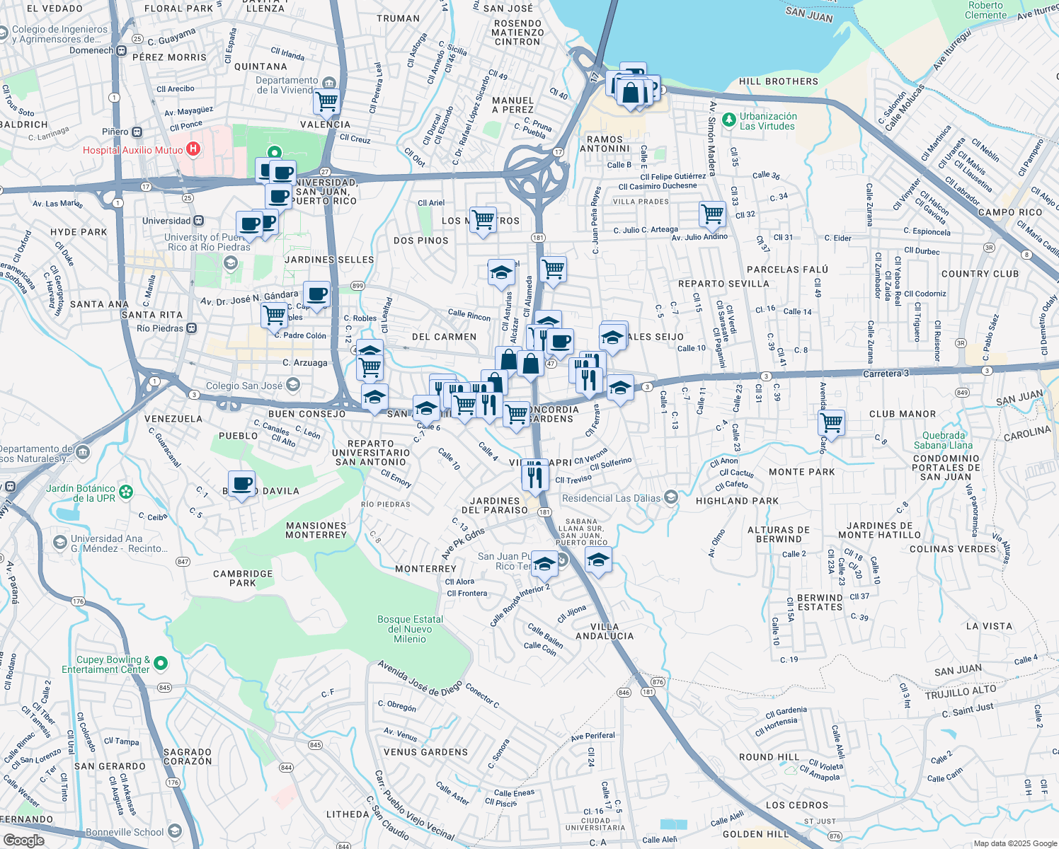 map of restaurants, bars, coffee shops, grocery stores, and more near 20 Urbanización River View in San Juan