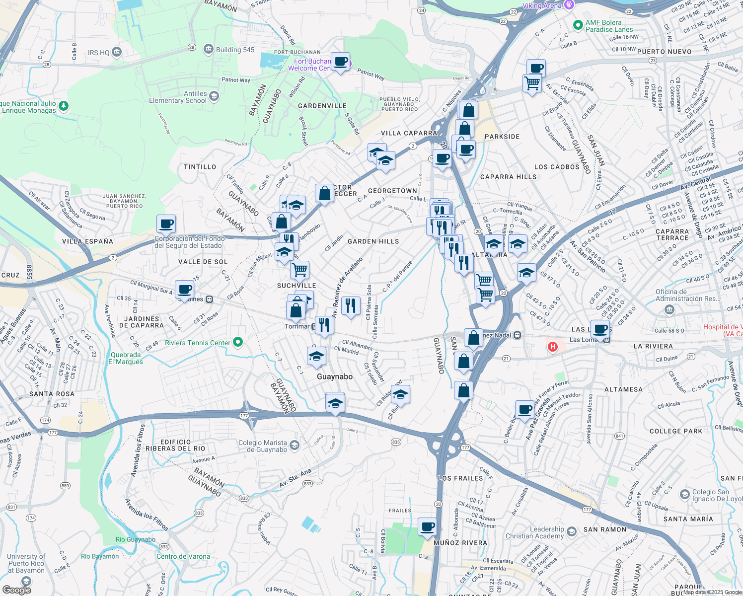 map of restaurants, bars, coffee shops, grocery stores, and more near 9 Calle Palma Sola in Guaynabo