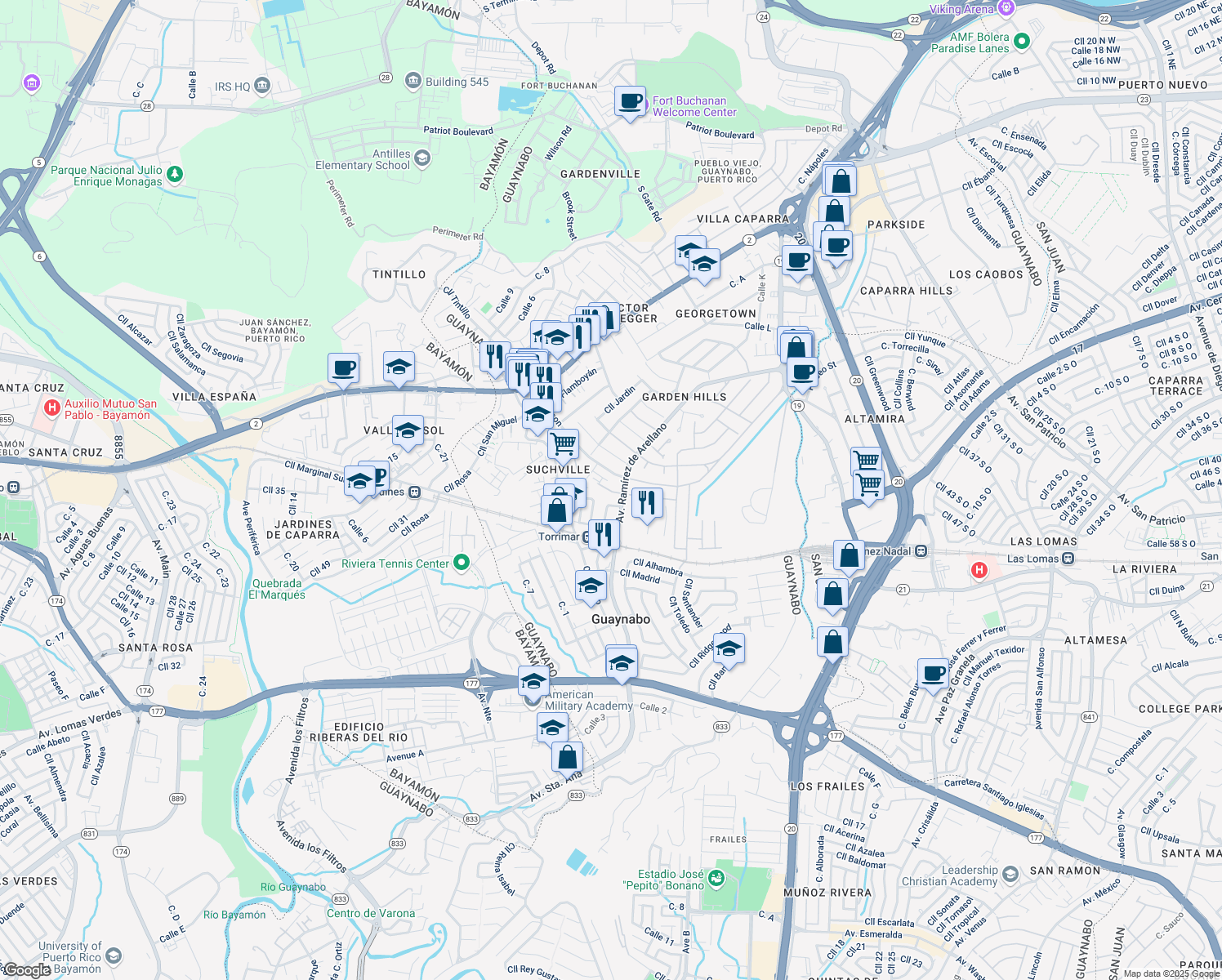 map of restaurants, bars, coffee shops, grocery stores, and more near Calle Miramonte in Guaynabo