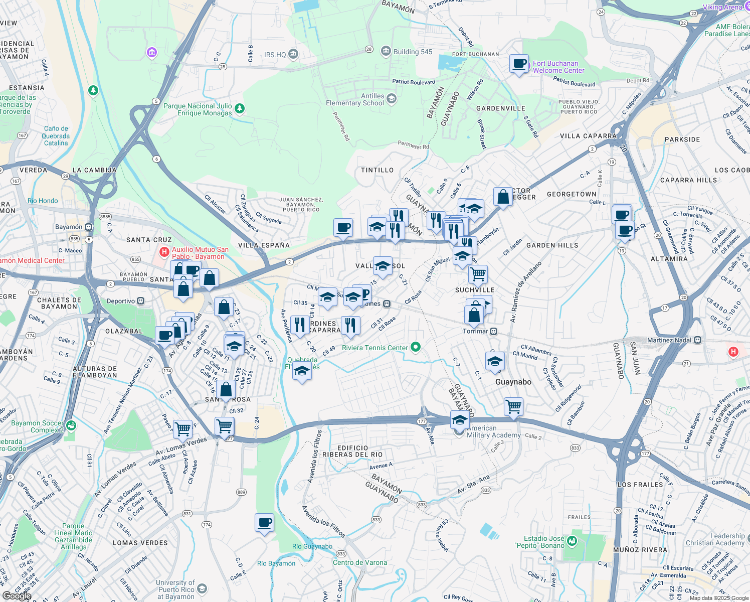 map of restaurants, bars, coffee shops, grocery stores, and more near Calle 19 in Bayamón