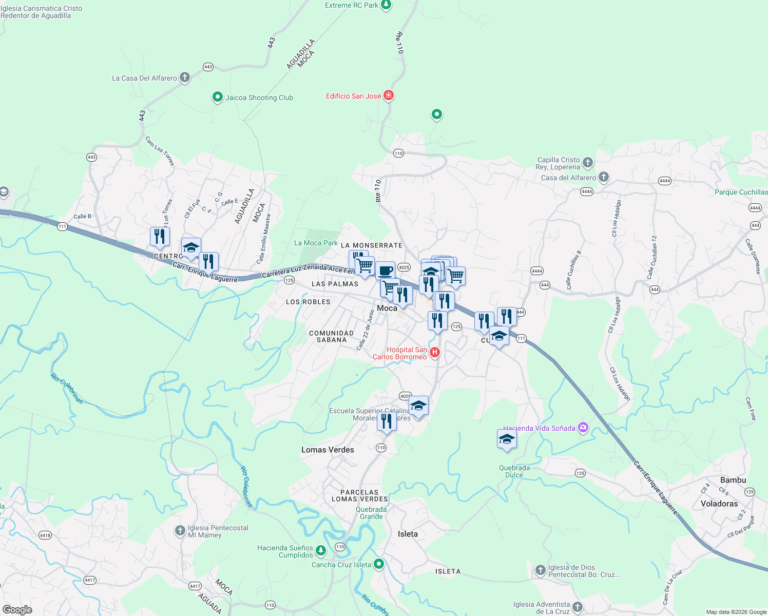 map of restaurants, bars, coffee shops, grocery stores, and more near 172 Calle Don Chemary in Moca