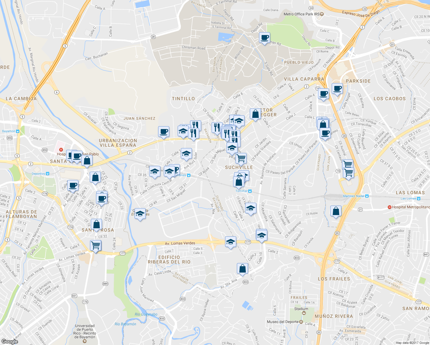 map of restaurants, bars, coffee shops, grocery stores, and more near 20 Calle Union in Guaynabo