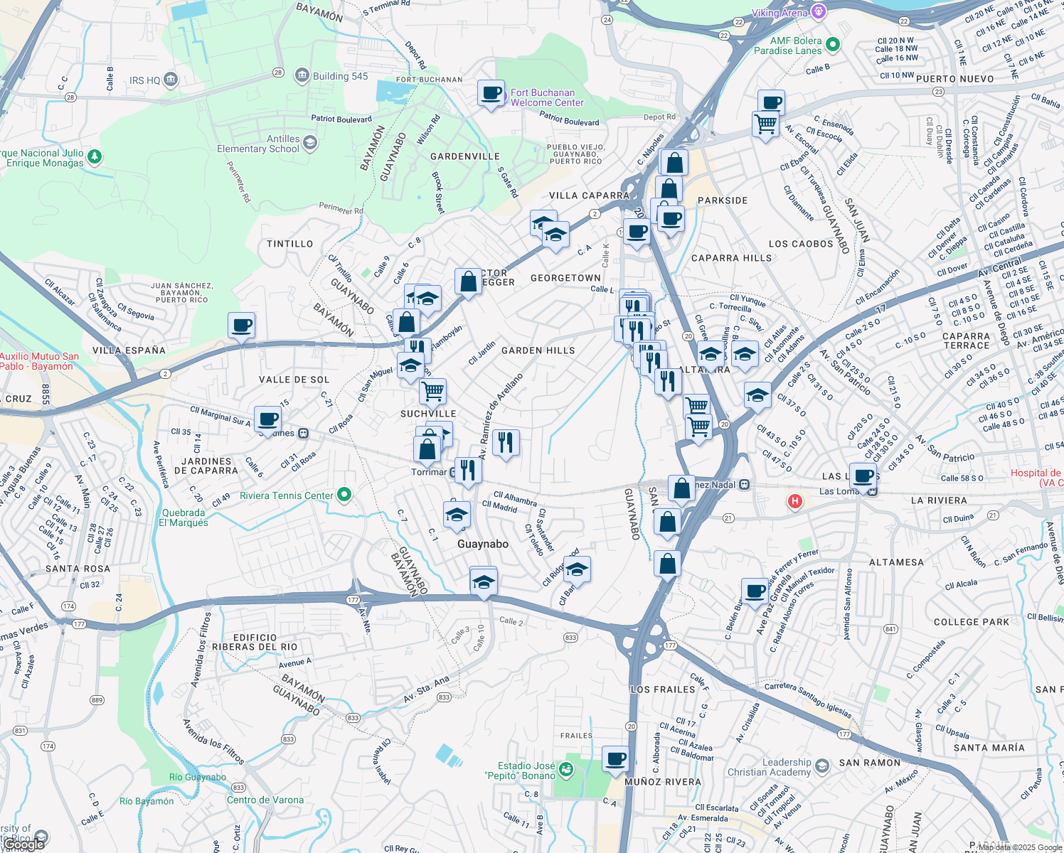 map of restaurants, bars, coffee shops, grocery stores, and more near Calle Palma Sola in Guaynabo