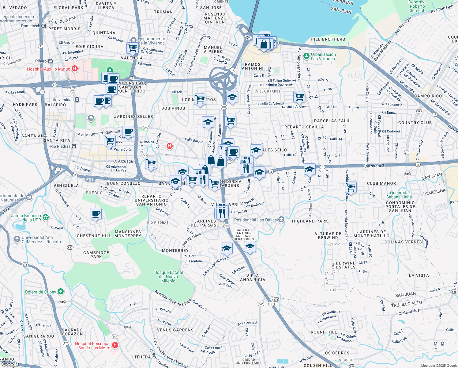 map of restaurants, bars, coffee shops, grocery stores, and more near in San Juan