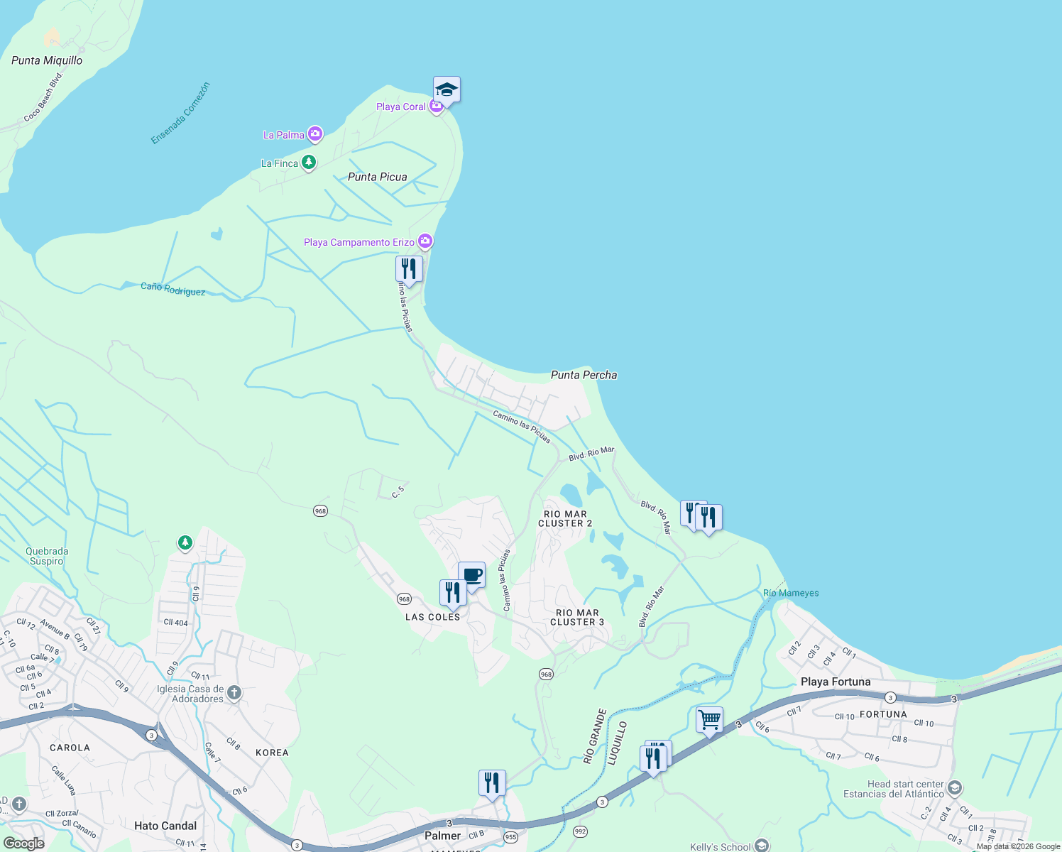 map of restaurants, bars, coffee shops, grocery stores, and more near Camino Las Picüas in Río Grande