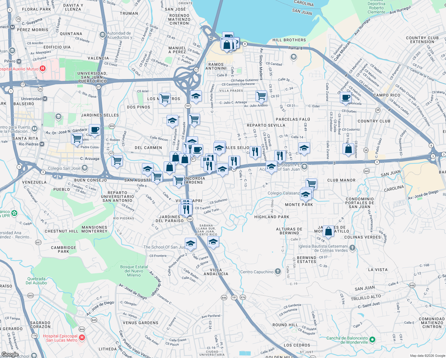 map of restaurants, bars, coffee shops, grocery stores, and more near 139 Calle Toscania in San Juan