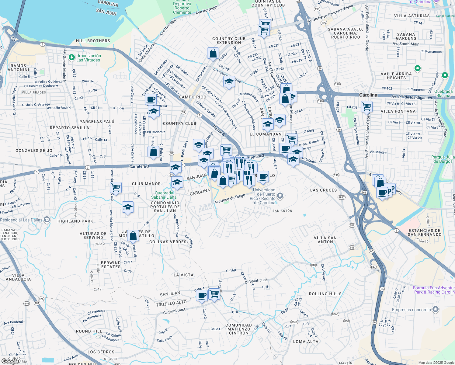 map of restaurants, bars, coffee shops, grocery stores, and more near Avenida Iturregui in Carolina