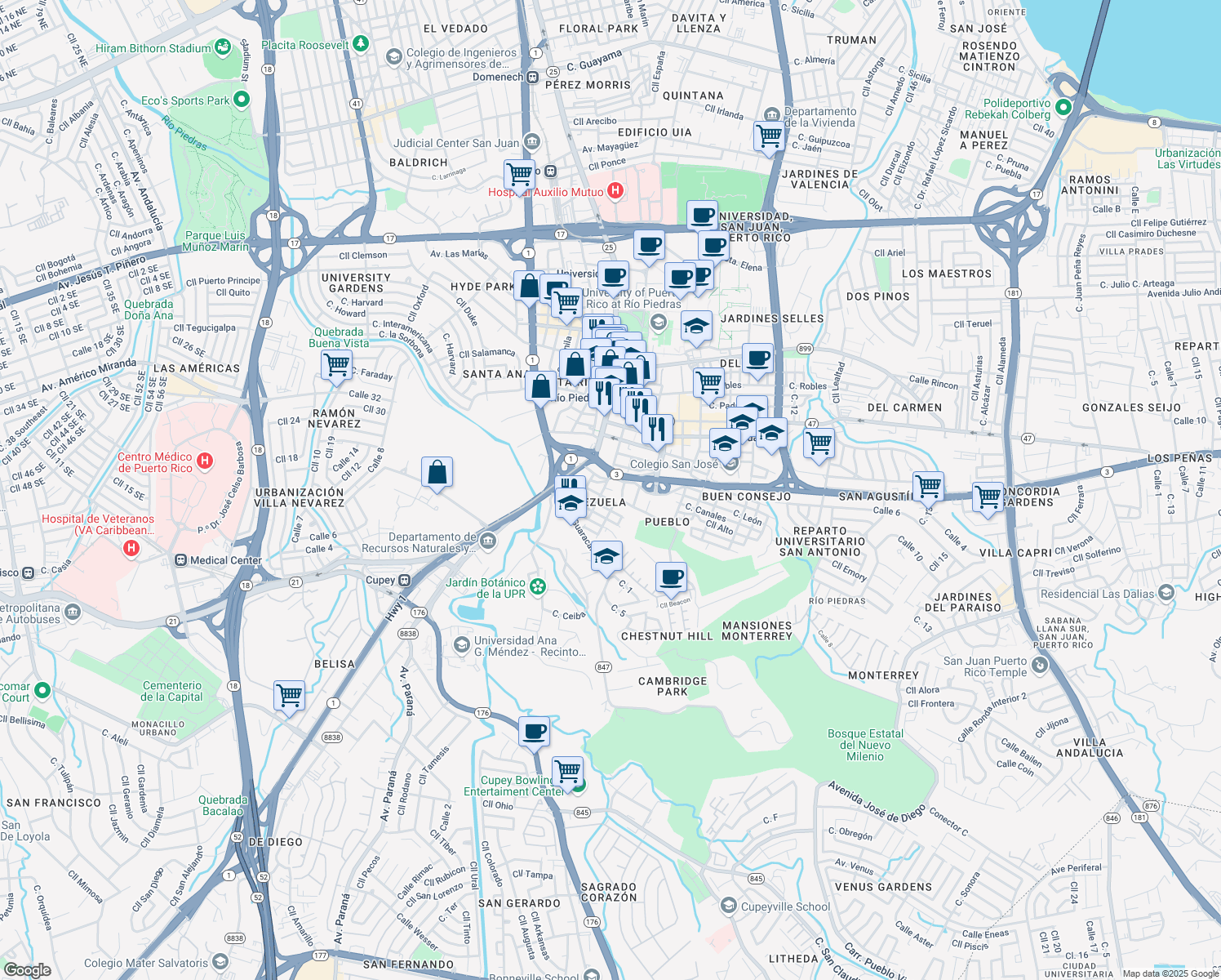 map of restaurants, bars, coffee shops, grocery stores, and more near in San Juan